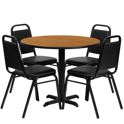 36'' Round Laminate Table Set with X-Base and 4 Trapezoidal Back Banquet Chairs