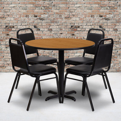 36'' Round Laminate Table Set with X-Base and 4 Trapezoidal Back Banquet Chairs - View 2