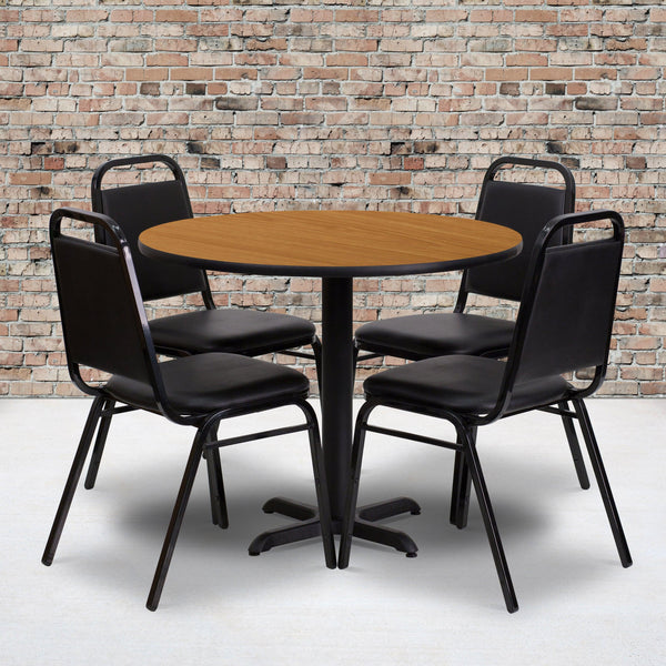 Natural Top/Black Vinyl Seat |#| 36inch Round Natural Laminate Table Set with X-Base and 4 Black Banquet Chairs