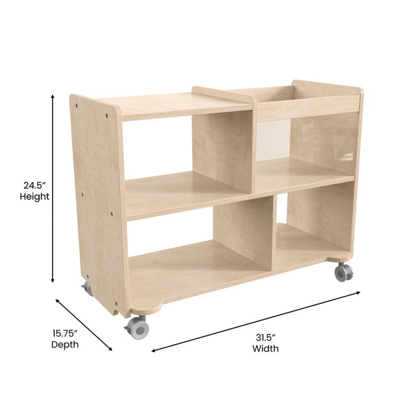 Commercial Wooden Mobile Storage Cart with 4 Compartments - Bin, Natural