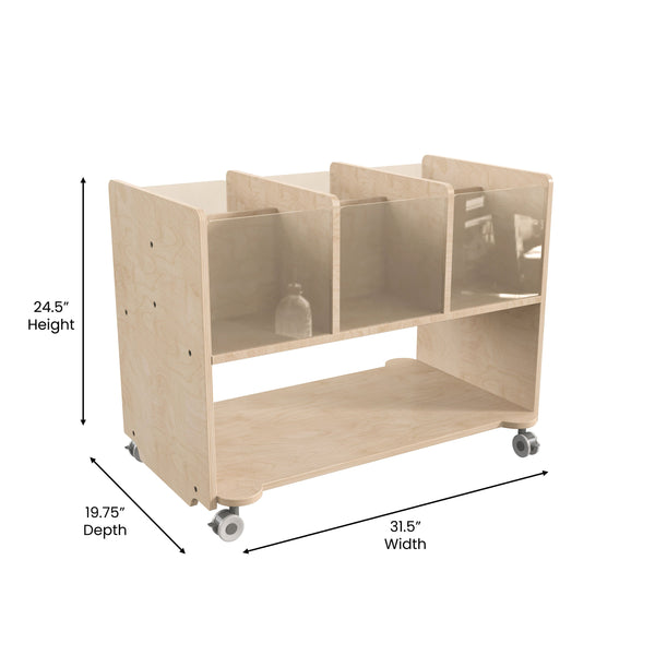 Commercial Wooden Mobile Storage Cart with 6 Clear Compartments - Shelf, Natural