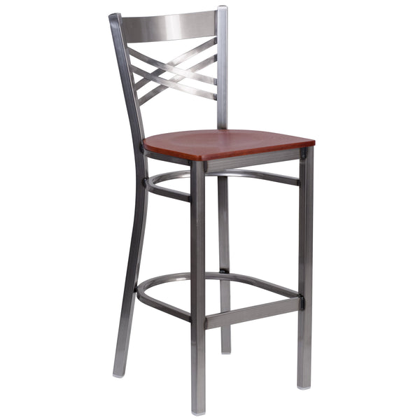 Cherry Wood Seat/Clear Coated Metal Frame |#| Clear Coated inchXinch Back Metal Restaurant Barstool - Cherry Wood Seat