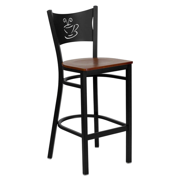 Cherry Wood Seat/Black Metal Frame |#| Black Coffee Back Metal Restaurant Barstool with Cherry Wood Seat