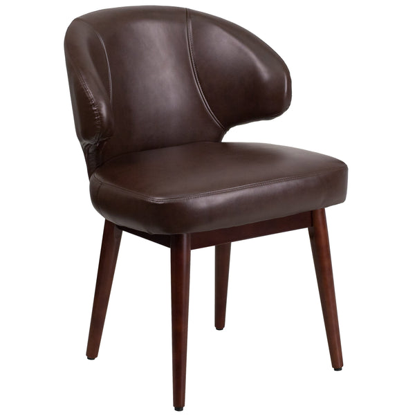 Brown LeatherSoft |#| Brown LeatherSoft Side Reception Chair with Walnut Legs - Hospitality Seating