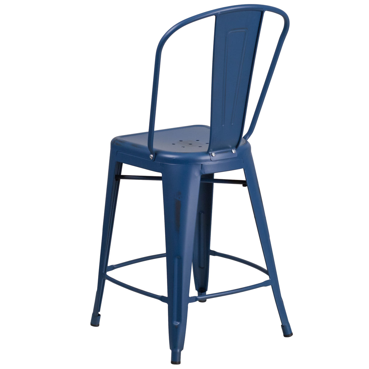 Antique Blue |#| 24inch High Distressed Aged Blue Metal Indoor-Outdoor Counter Height Stool w/ Back