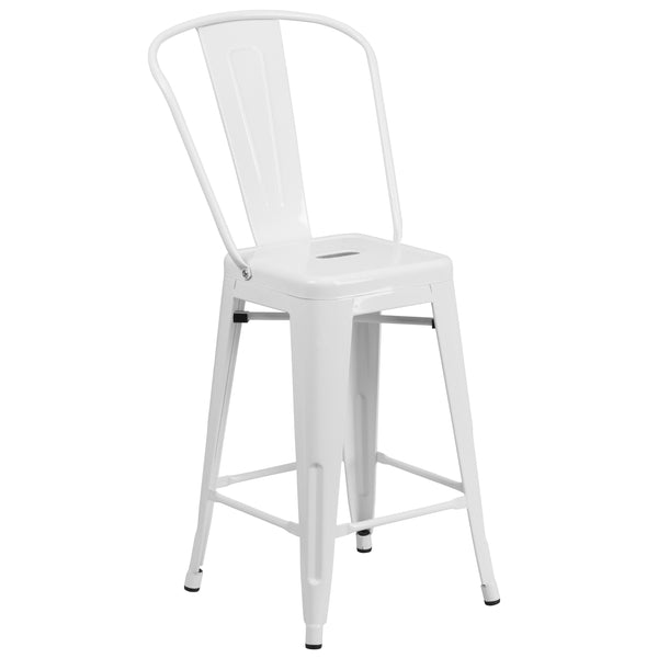 White |#| 24inch High White Metal Indoor-Outdoor Counter Height Stool with Back