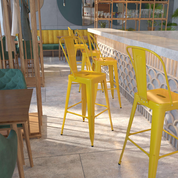 Yellow |#| 30inch High Yellow Metal Indoor-Outdoor Barstool with Back - Kitchen Furniture