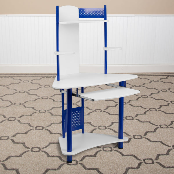 White/Blue |#| Blue Corner Computer Desk with Integrated Hutch and Pull-Out Keyboard Platform