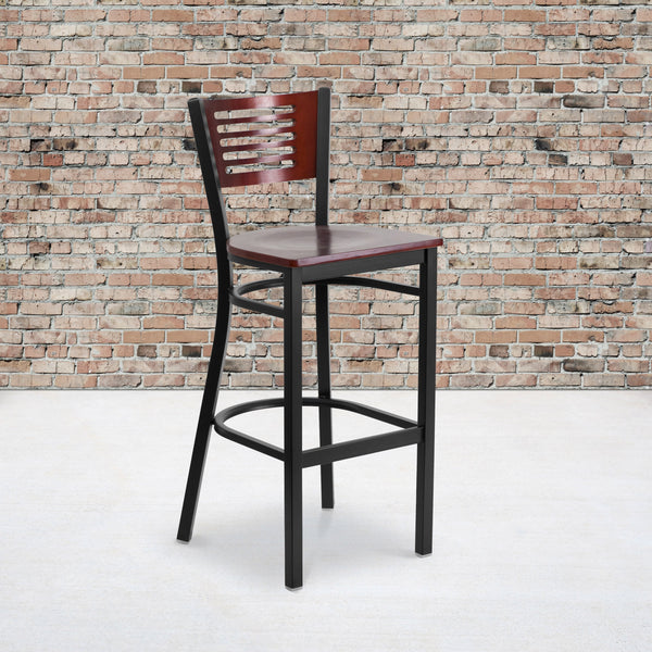 Mahogany Wood Back/Mahogany Wood Seat/Black Metal Frame |#| Black Slat Back Metal Restaurant Barstool - Mahogany Wood Back & Seat