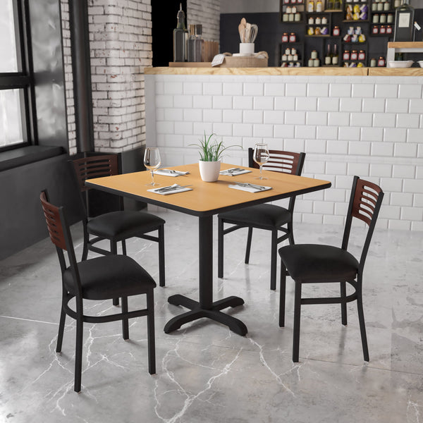 Walnut Wood Back/Black Vinyl Seat/Black Metal Frame |#| Black Slat Back Metal Restaurant Chair - Walnut Wood Back, Black Vinyl Seat