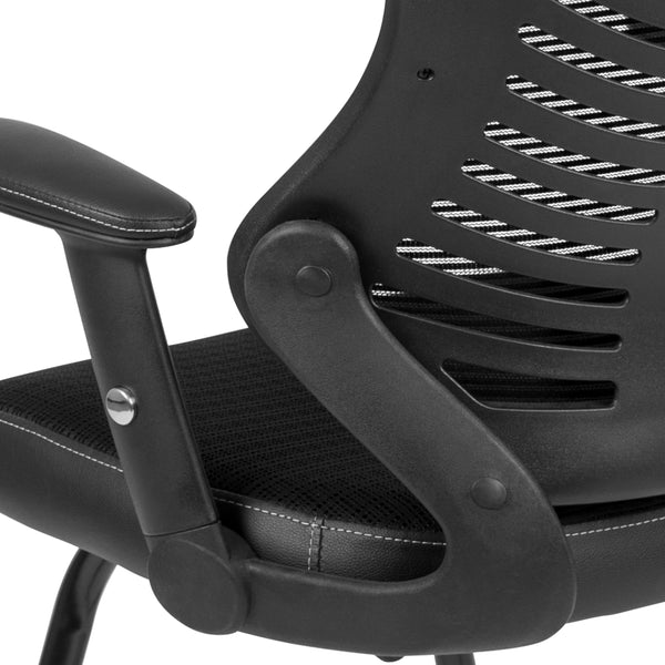 Designer Black Mesh Sled Base Side Reception Guest Chair with Adjustable Arms
