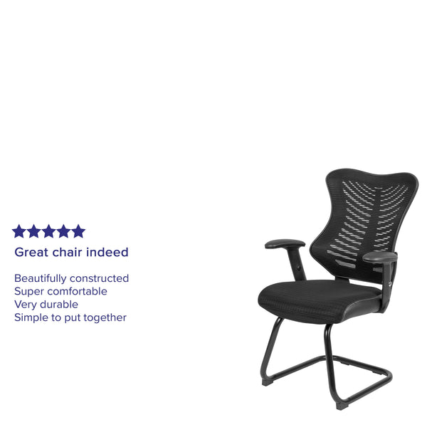 Designer Black Mesh Sled Base Side Reception Guest Chair with Adjustable Arms