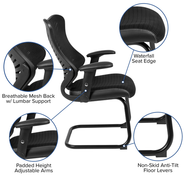 Designer Black Mesh Sled Base Side Reception Guest Chair with Adjustable Arms