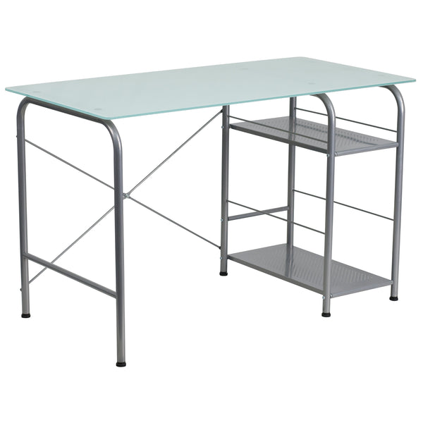 Silk White Glass Top Computer Desk with Open Storage and Silver Metal Frame