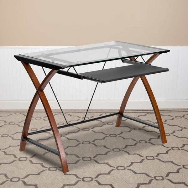Clear Top/Cherry Frame |#| Glass Computer Desk with Pull-Out Keyboard Tray and Crisscross Frame