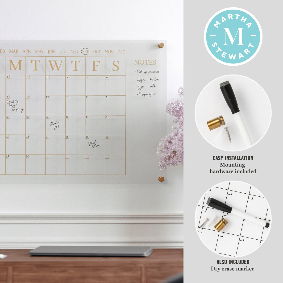 Clear/Gold |#| Premium Clear Acrylic Monthly Wall Calendar with Notes Section and Gold Printing