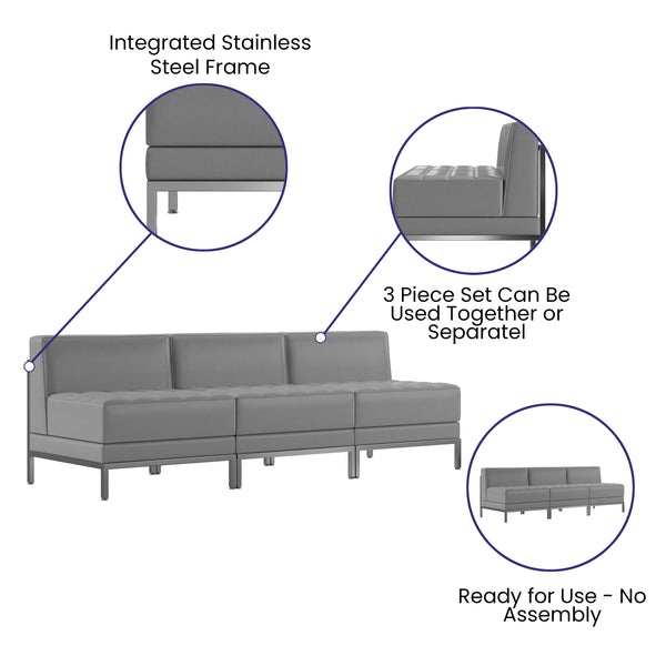 Gray |#| 3 Piece Gray LeatherSoft Modular Reception Lounge Set - Reception Bench