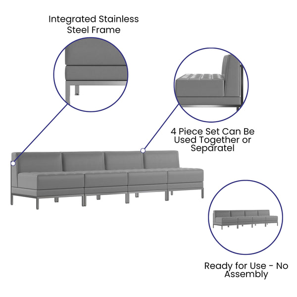 Gray |#| 4 Piece Gray LeatherSoft Modular Reception Lounge Set - Reception Bench