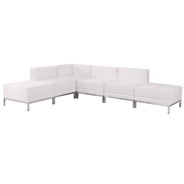 Melrose White |#| 6 Piece White LeatherSoft Modular Sectional Configuration - Stainless Steel Legs