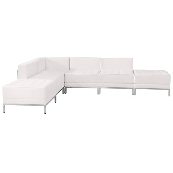 Melrose White |#| 6 Piece White LeatherSoft Modular Sectional Configuration - Stainless Steel Legs