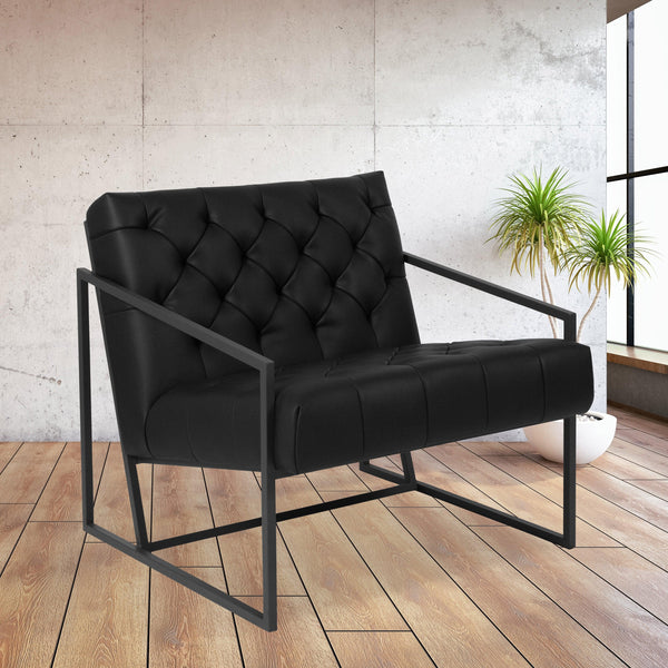 Black |#| Black LeatherSoft Tufted Lounge Chair with Integrated Frame & Slanted Arms