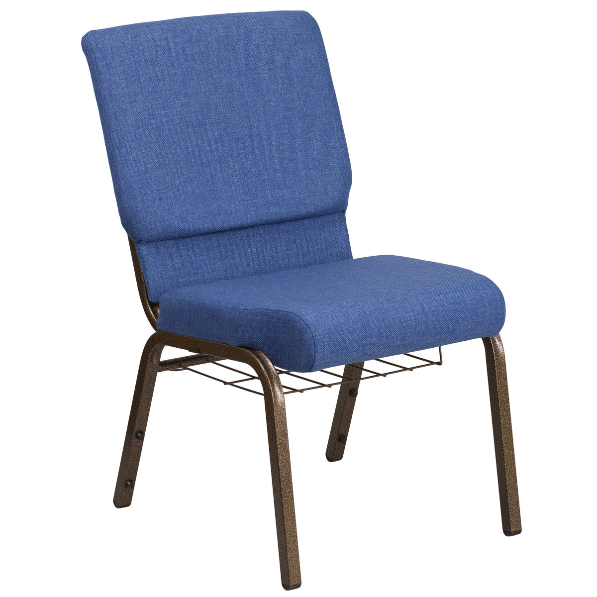 Blue Fabric/Gold Vein Frame |#| 18.5inchW Church Chair in Blue Fabric with Cup Book Rack - Gold Vein Frame