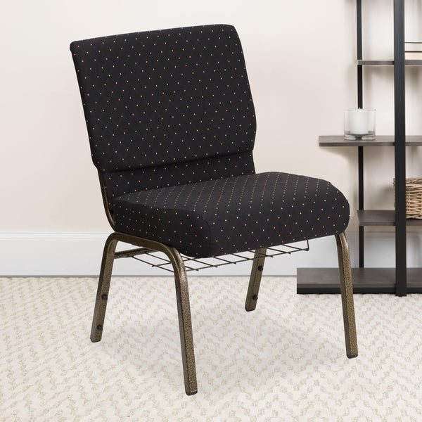 Black Dot Patterned Fabric/Gold Vein Frame |#| 21inchW Church Chair in Black Dot Patterned Fabric with Cup Book Rack - Gold Frame