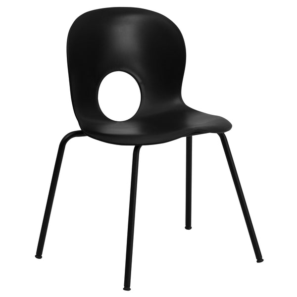 Black |#| 770 lb. Capacity Designer Black Plastic Stack Chair with Black Frame
