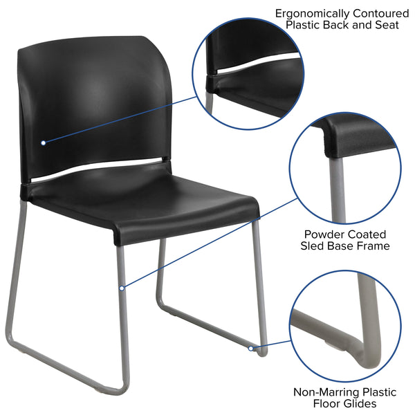 Black |#| 880 lb. Capacity Black Full Back Contoured Stack Chair with Sled Base