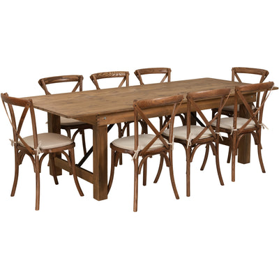 HERCULES Series 8' x 40'' Folding Farm Table Set with 8 Cross Back Chairs and Cushions