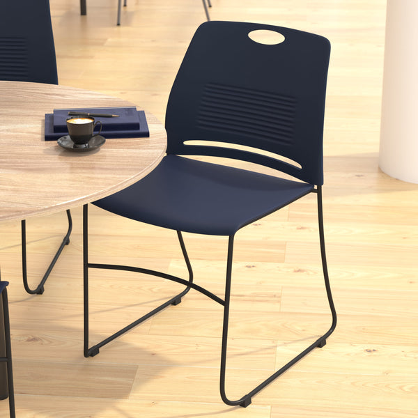 Navy |#| Commercial Grade 660 LB. Capacity Plastic Stack Chair with Steel Sled Base-Navy