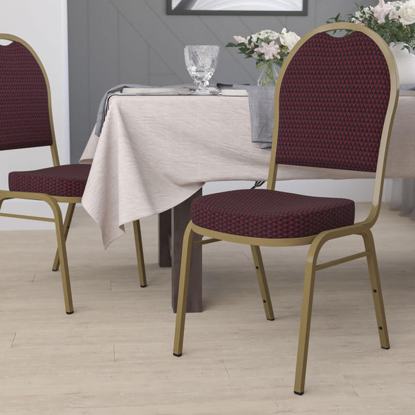 Burgundy Patterned Fabric/Gold Frame |#| Dome Back Stacking Banquet Chair in Burgundy Patterned Fabric - Gold Frame