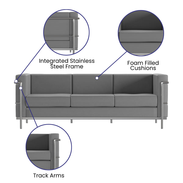 Gray |#| Contemporary Gray LeatherSoft Sofa with Double Bar Encasing Frame