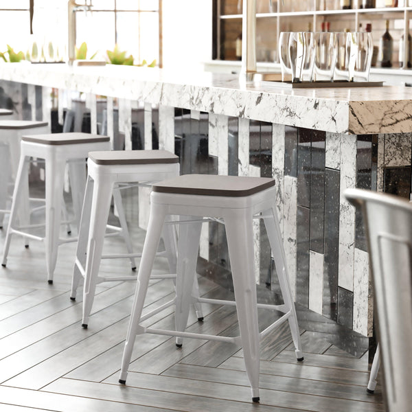 White/Gray |#| Indoor/Outdoor Backless Counter Stool with Poly Seat - White/Gray