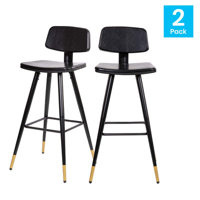 Kora Commercial Grade Low Back Barstools-LeatherSoft Upholstery-Iron Frame-Integrated Footrest-Gold Tipped Legs-Set of 2 - View 2