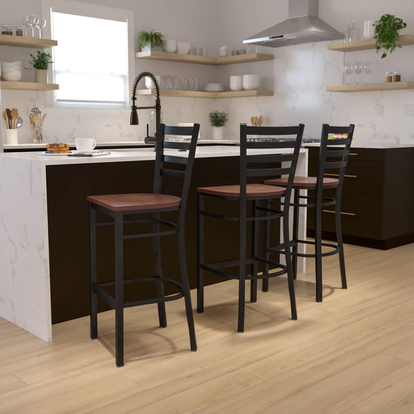 Cherry Wood Seat/Black Metal Frame |#| Black Ladder Back Metal Restaurant Barstool - Cherry Wood Seat