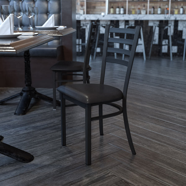 Black Vinyl Seat/Black Metal Frame |#| Black Ladder Back Metal Restaurant Chair - Black Vinyl Seat