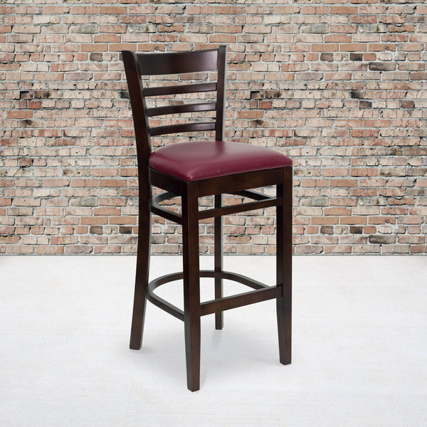 Burgundy Vinyl Seat/Walnut Wood Frame |#| Ladder Back Walnut Wood Restaurant Barstool - Burgundy Vinyl Seat