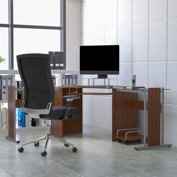 Teakwood Laminate Corner Desk with Pull-Out Keyboard Tray and CPU Cart