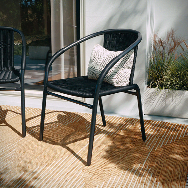 Black |#| Black Rattan Indoor-Outdoor Restaurant Stack Chair with Curved Back