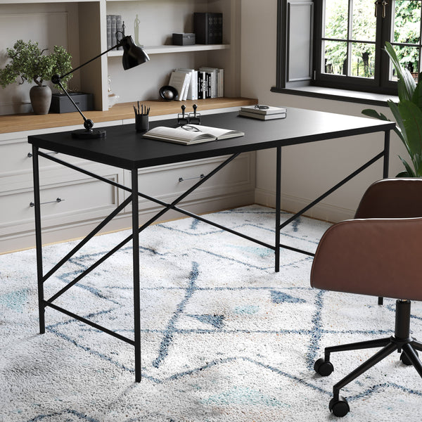 Black Wood Grain Parsons Desk with Oil Rubbed Bronze Metal X-Frame