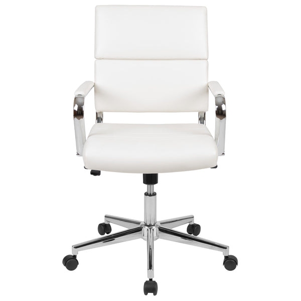 White |#| Mid-Back White LeatherSoft Contemporary Panel Executive Swivel Office Chair