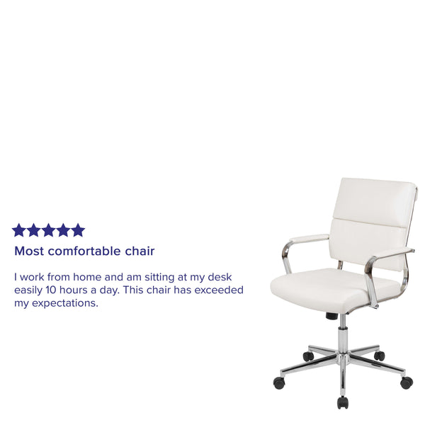 White |#| Mid-Back White LeatherSoft Contemporary Panel Executive Swivel Office Chair