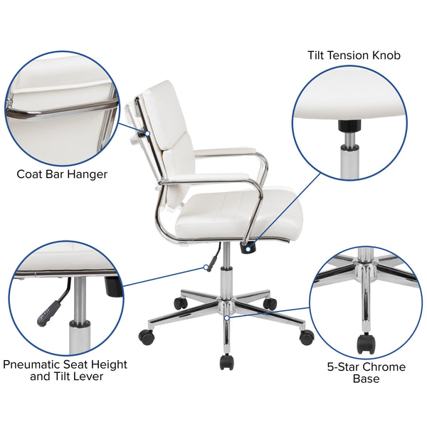 White |#| Mid-Back White LeatherSoft Contemporary Panel Executive Swivel Office Chair