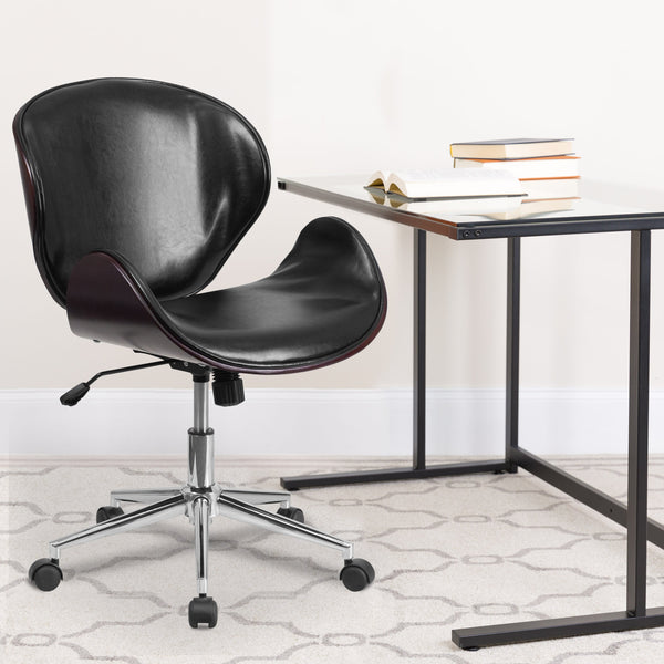 Black LeatherSoft/Mahogany Frame |#| Mid-Back Mahogany Wood Conference Office Chair in Black LeatherSoft