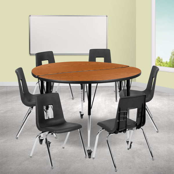 Oak |#| Mobile 47.5inch Circle Wave Activity Table Set-18inch Student Stack Chairs, Oak/Black