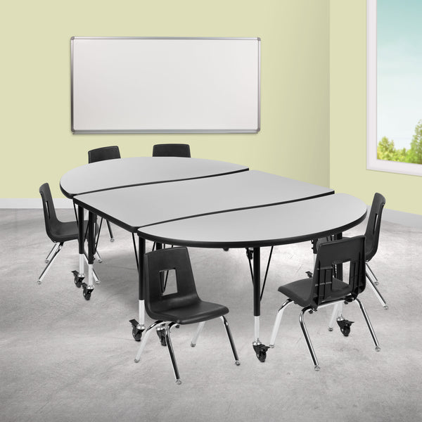 Grey |#| Mobile 76inch Oval Wave Activity Table Set-14inch Student Stack Chairs, Grey/Black