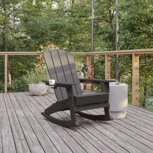 Gray |#| Commercial All-Weather Rocking Adirondack Chair with Swiveling Cupholder - Gray