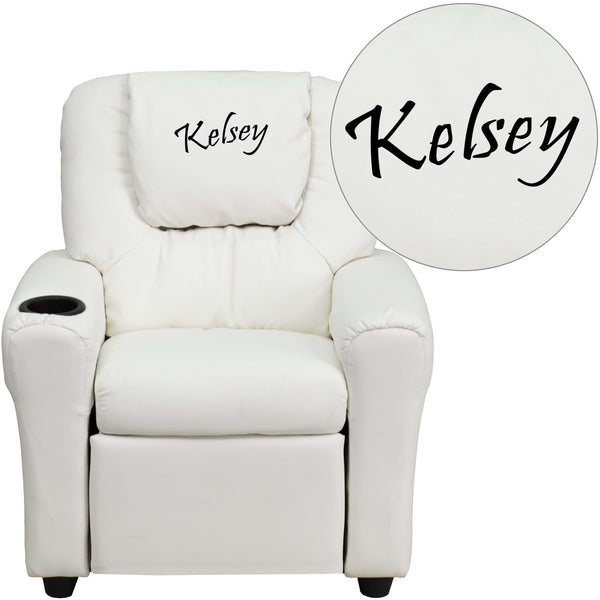 White Vinyl |#| Personalized White Vinyl Kids Recliner with Cup Holder and Headrest