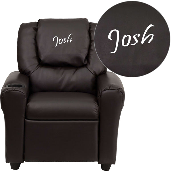 Brown LeatherSoft |#| Personalized Brown LeatherSoft Kids Recliner with Cup Holder and Headrest